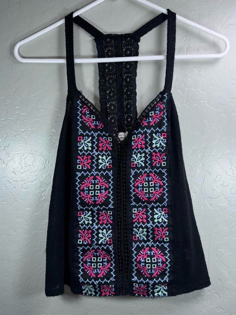 Black Embroidered Racerback Tank Top - Pink & Light Blue Accents